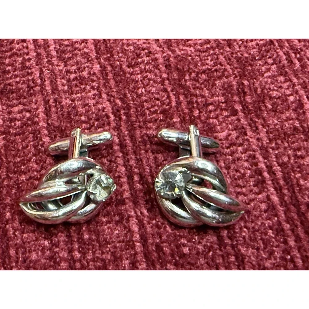 🔥Vintage Silver Tone Cufflinks Mens Rhinestone Wedding Formal Knott Ships Fast
